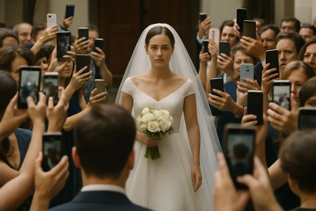 invitados usando teléfonos móviles en una boda